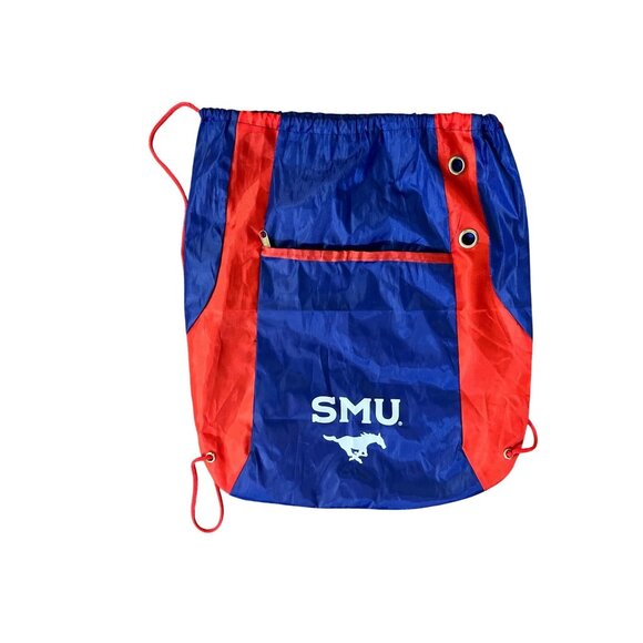 SMU Mustangs Drawstring Backpack Blue Red Nylon Gym Bag Lightweight Used - Picture 1 of 5